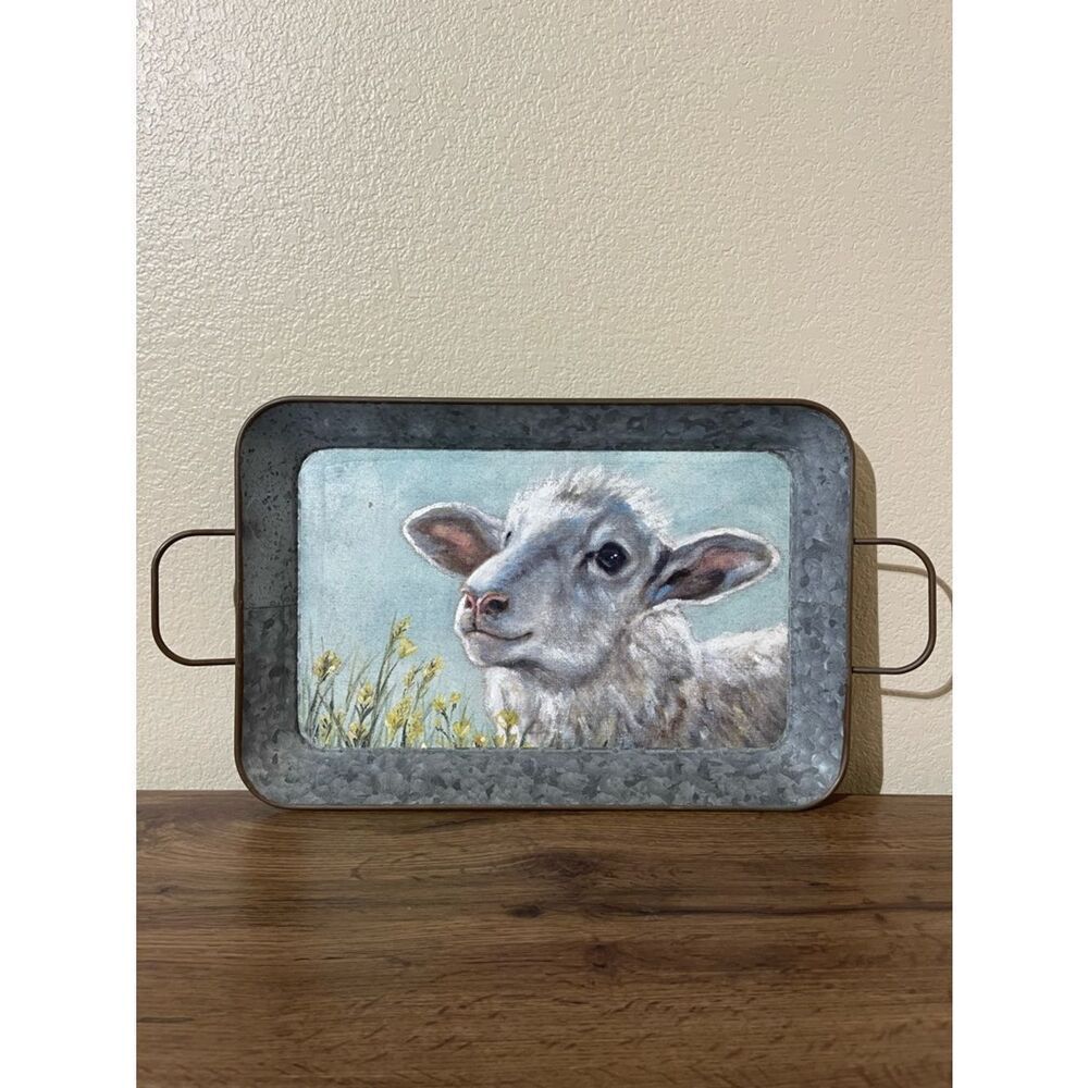 Primitives by Kathy Galvanized Tray with Lamb Artwork Blue and Gray